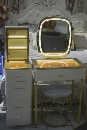 Cream Dressing Table and Stool with Back Light Mirror