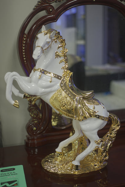 Golden Saddle White Black Horse Decor