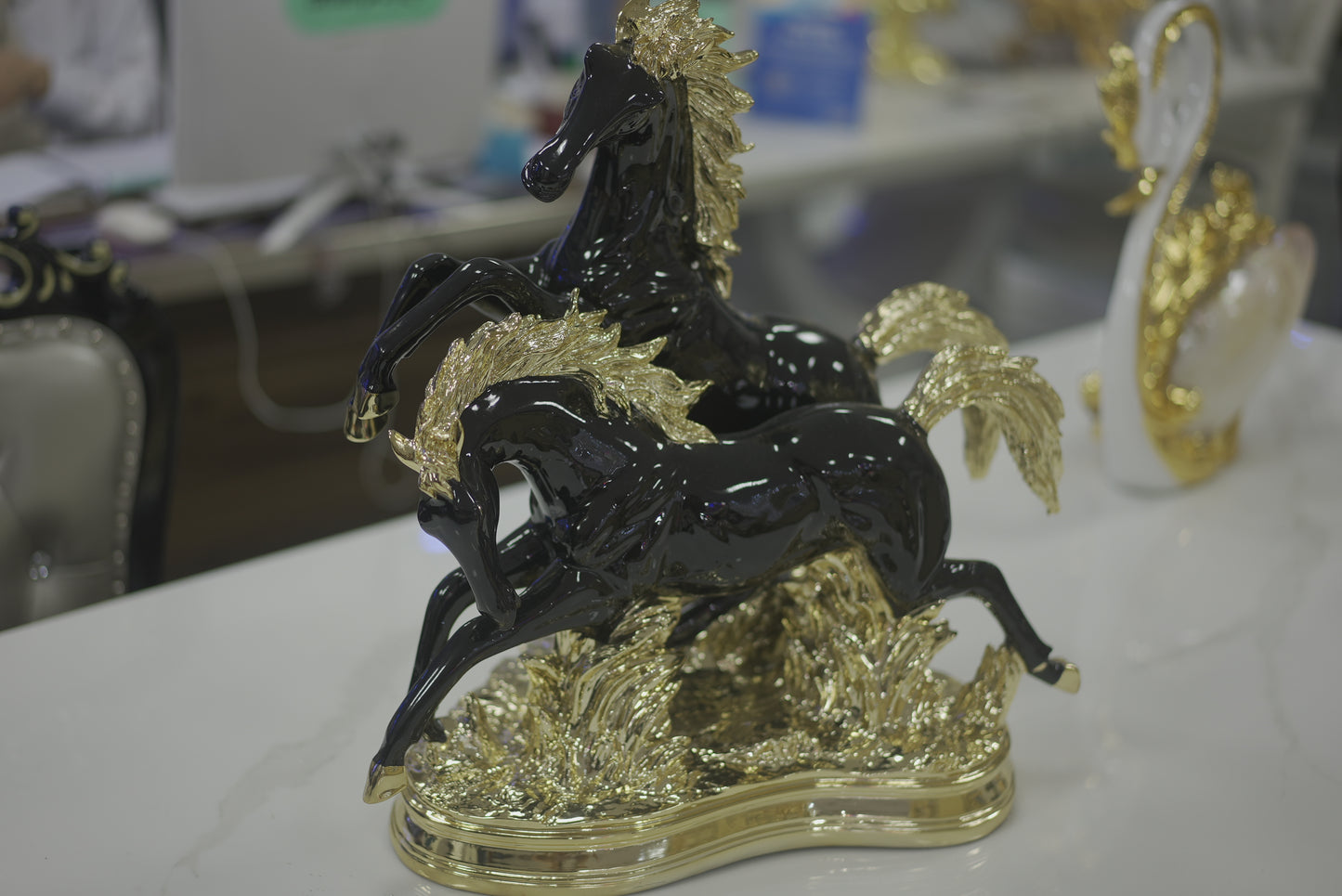 Golden Saddle White Black Horse Decor