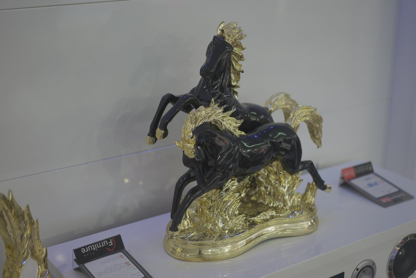 Golden Saddle White Black Horse Decor