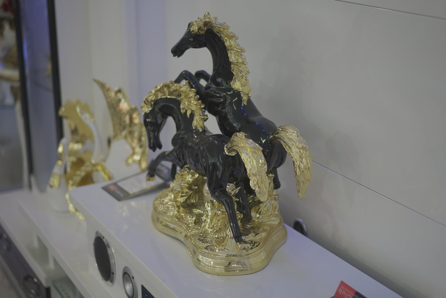 Golden Saddle White Black Horse Decor