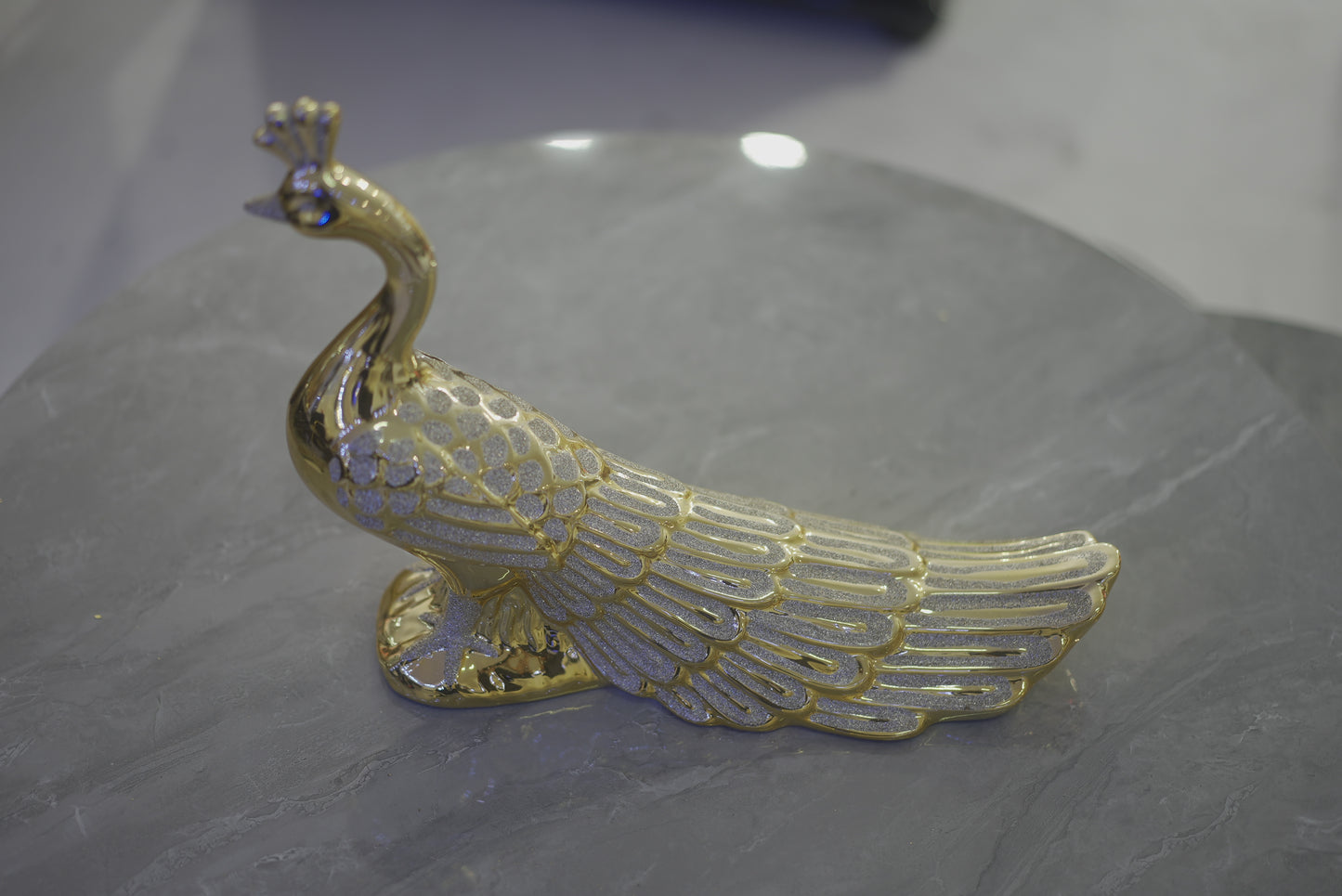 Golden Peacock with Silver Matte Decor Statue