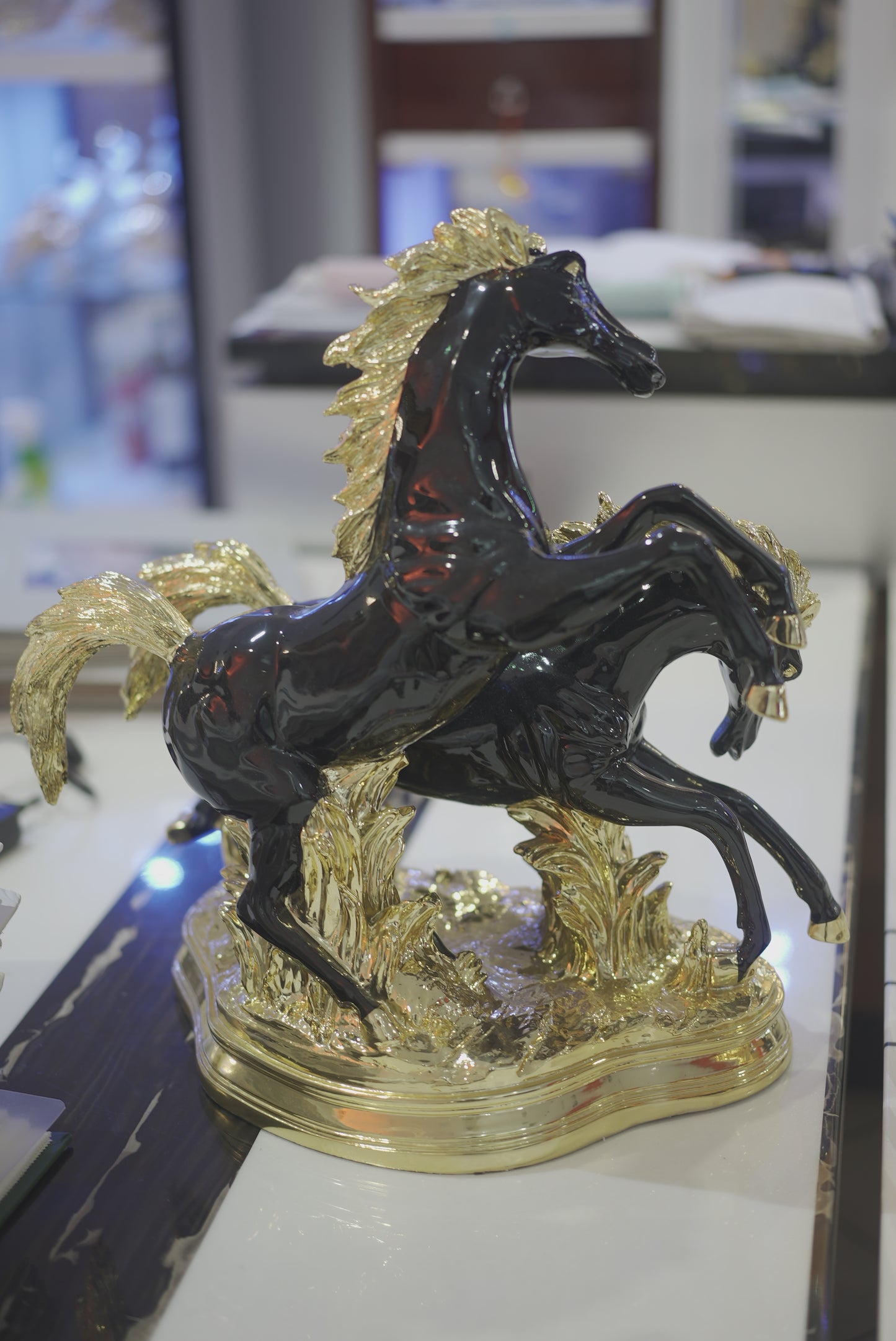 Golden Saddle White Black Horse Decor