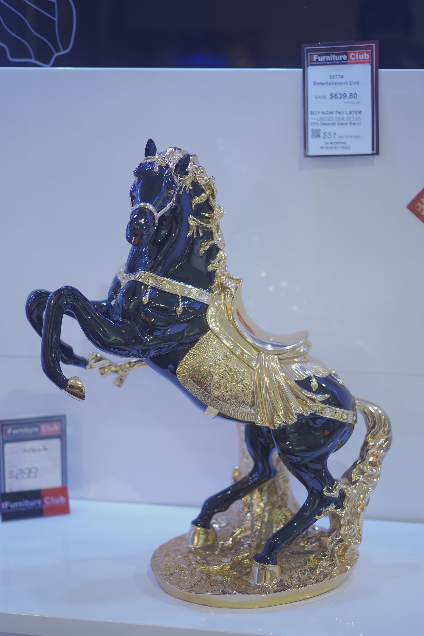 Golden Saddle White Black Horse Decor