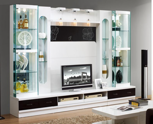 Black White TV Wine Cabinet with Lights Set Wide Version