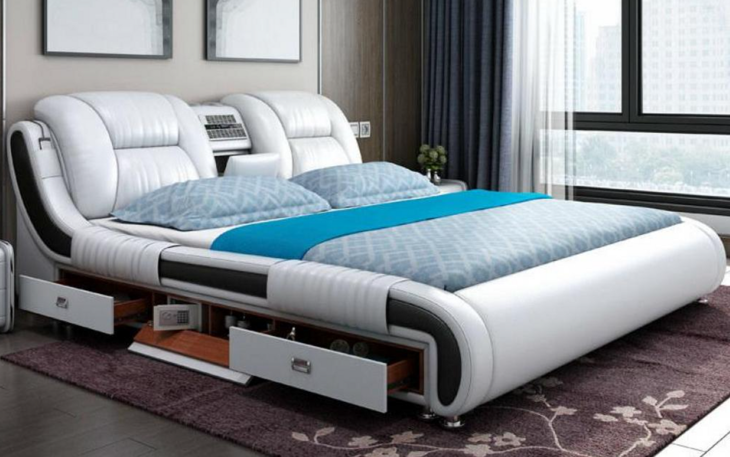 Leather Bed with Side Drawers and Bluetooth Speaker