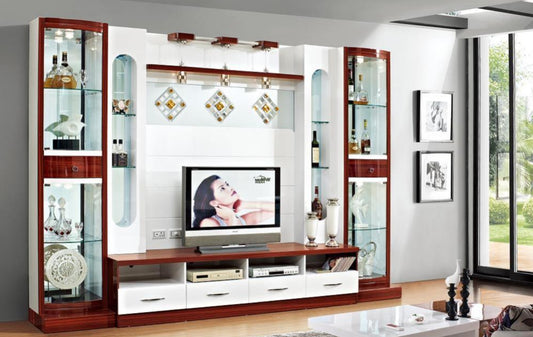 Brown White TV Wine Cabinet with Lights Set Wide Version